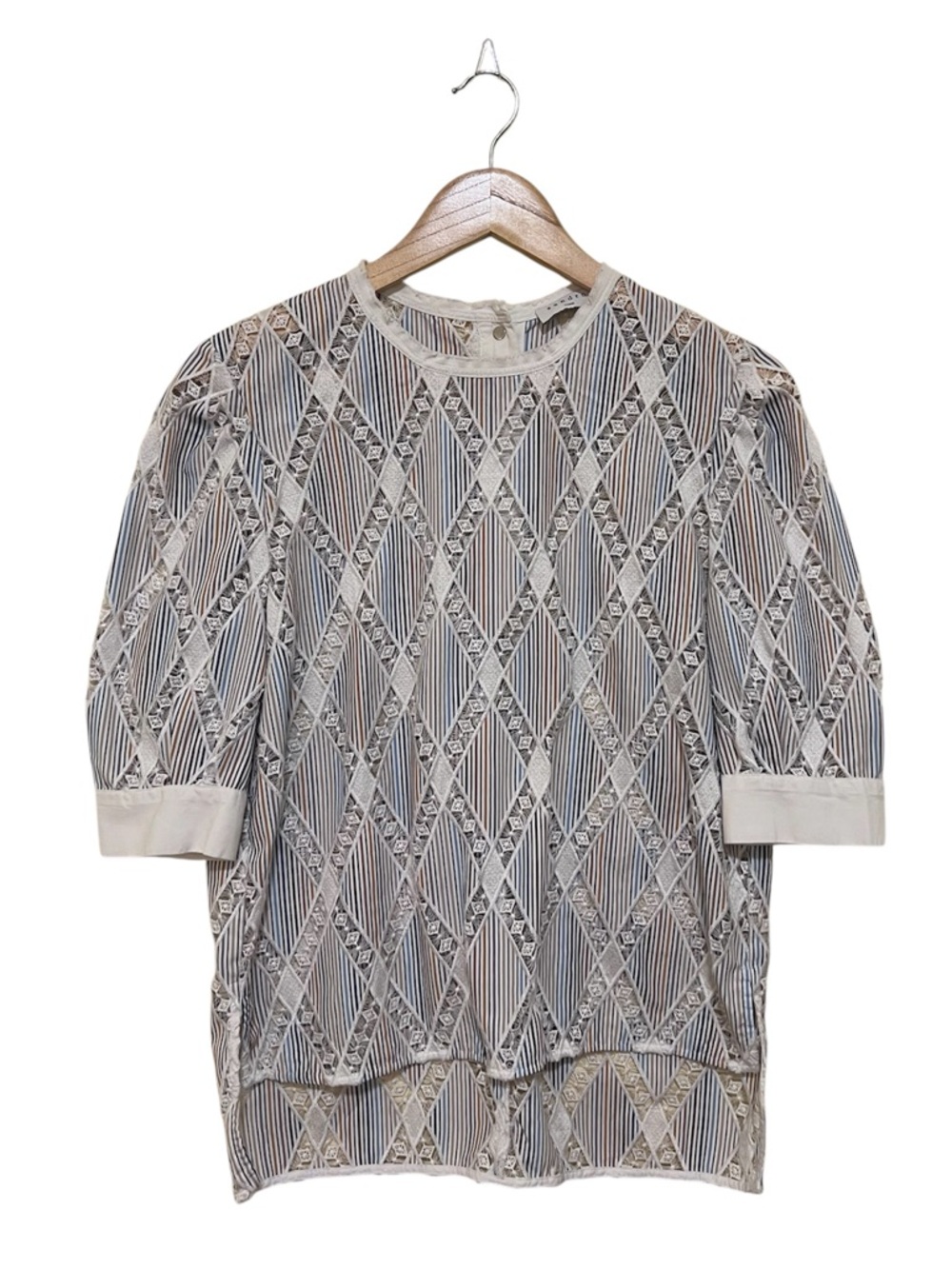 Sandro Paris Lace Panel Stripe Blouse Crochet Detail Sheer size 2
